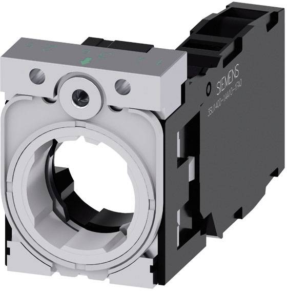 Illustration d'un élément de commande Siemens pour interrupteur. Boîtier noir avec design frontal argenté. Numéro de modèle visible sur le côté.