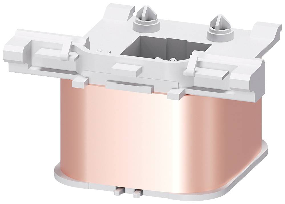 Représentation d'un composant électrique avec un boîtier en cuivre et des bornes de connexion grises, probablement un noyau de transformateur.