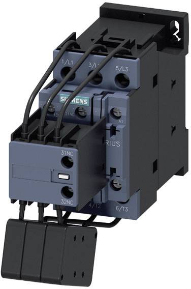Contacteur de puissance avec trois câbles noirs, logo Siemens en haut. Appareil pour la commande et la protection des circuits électriques.