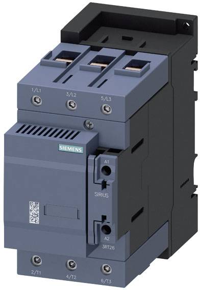 Un contacteur électrique bleu et noir de Siemens, modèle SIRIUS, avec plusieurs bornes et un marquage par code QR.
