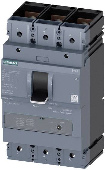 Un disjoncteur gris Siemens avec un commutateur rotatif au centre, modèle 3VA1, adapté aux applications industrielles.