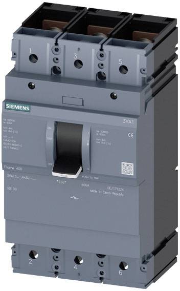 Un disjoncteur tripolaire de marque Siemens, modèle 3VA1, en version grise, pour applications industrielles.