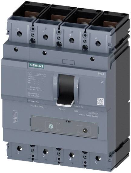 Un grand disjoncteur gris de Siemens avec plusieurs mécanismes de commutation et bornes de connexion. Référence de modèle '3VA1'.