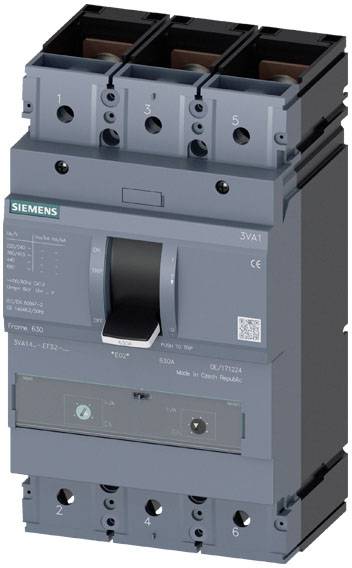 Un disjoncteur électrique Siemens, modèle 3VA1, gris, portant des étiquettes de produit et des spécifications techniques sur sa face avant.