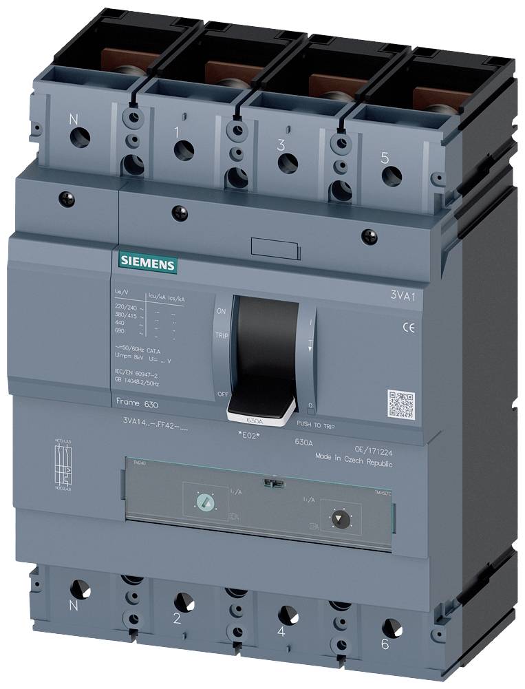 Un disjoncteur tripolaire de la marque Siemens avec numéro de série et spécifications techniques sur la façade.