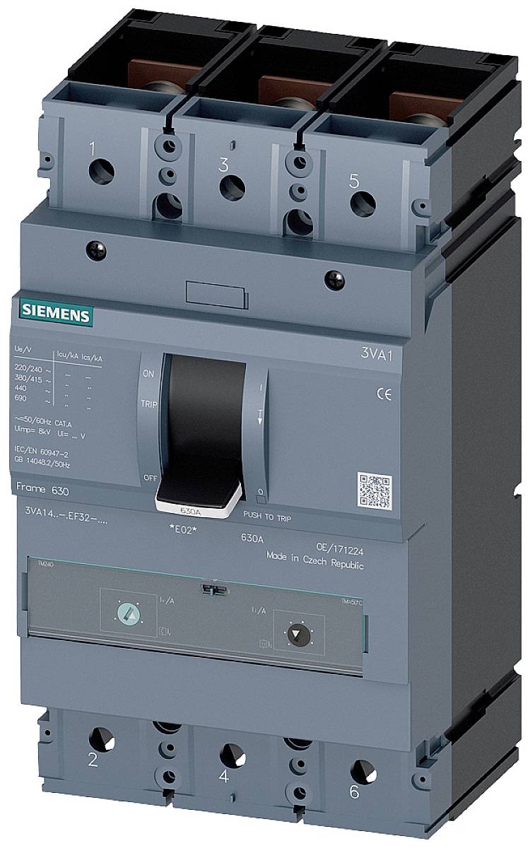 Disjoncteur Siemens 3VA1, tripolaire, gris-noir, avec impression technique. Utilisé pour la protection des systèmes électriques.