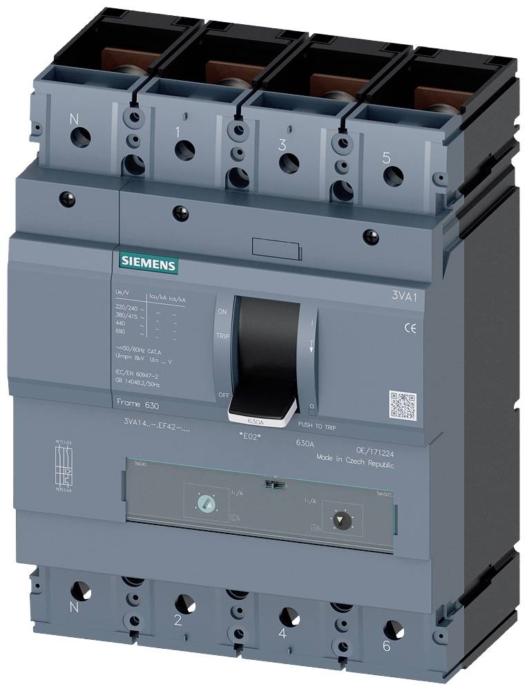 Disjoncteur Siemens 3VA1 avec trois connexions de phase et un élément de commande, gris, avec numéro de modèle et spécifications techniques.
