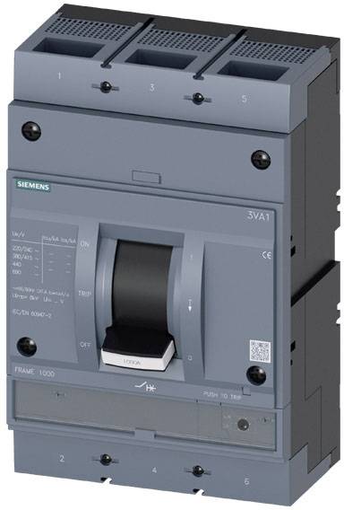 Un disjoncteur bleu Siemens, modèle 3VA1, avec le commutateur en position médiane, entouré de connexions électriques.