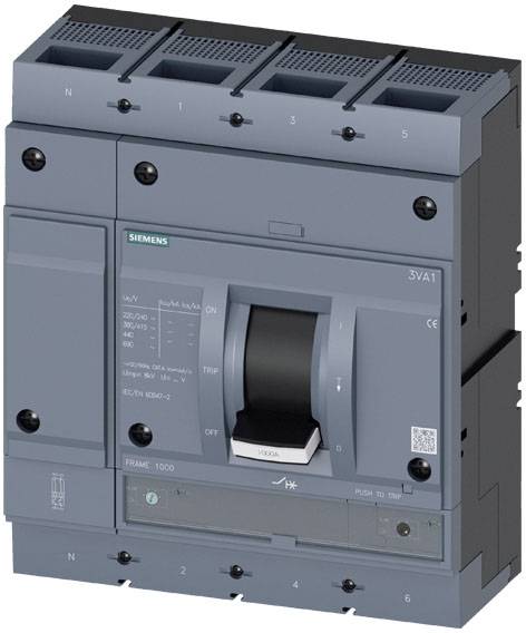 Un disjoncteur gris Siemens, modèle 3VA1, avec un interrupteur à bascule Marche/Arrêt et des détails techniques sur la façade avant.
