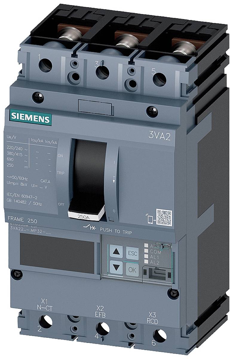 Un disjoncteur gris de la marque Siemens avec des éléments d'affichage et de commande, adapté à différentes plages de tension.