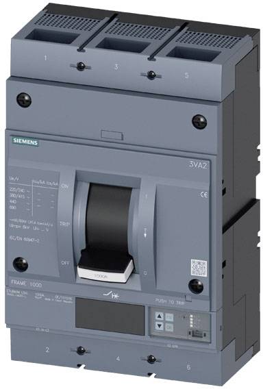 Disjoncteur gris avec levier et affichages numériques, adapté pour interrompre les circuits électriques.