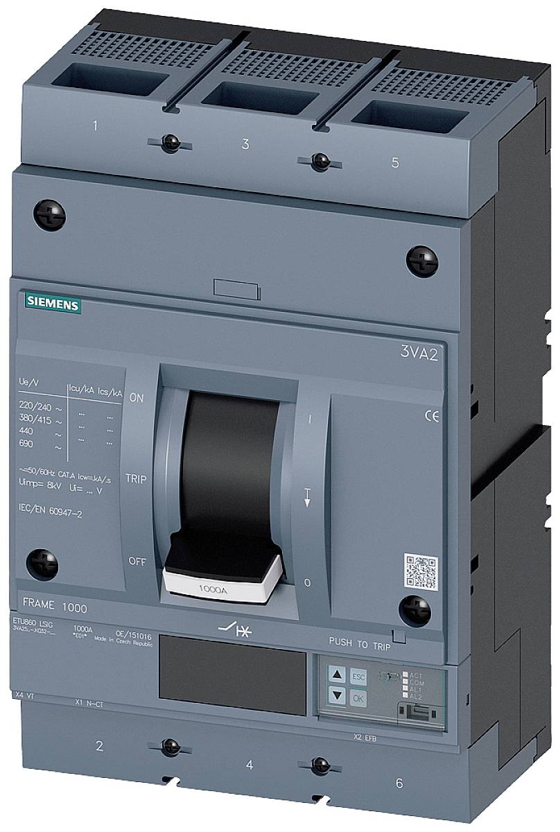 Disjoncteur électrique en boîtier gris, portant la mention '3VA2'. Marquage Siemens. Adapté pour tensions et intensités électriques.