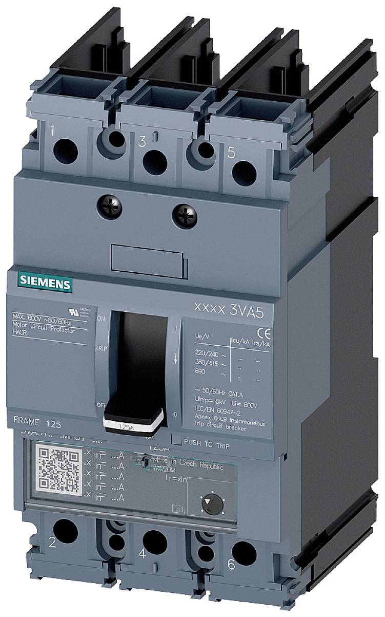 Disjoncteur Siemens dans un boîtier sombre, avec interrupteur à bascule et plusieurs bornes de connexion, pour des applications de sécurité électrique.