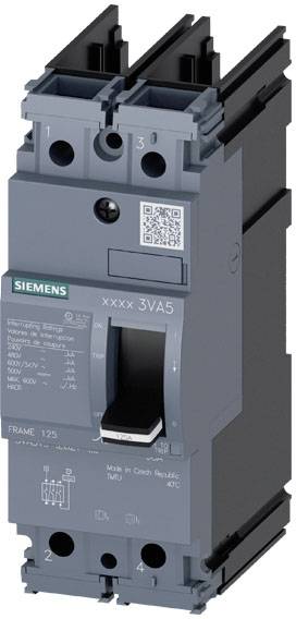 Disjoncteur 'Siemens 3VA5', gris, levier de commande vertical, détails techniques et code QR visibles.