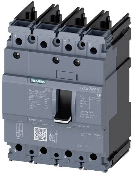 Un disjoncteur électrique Siemens au boîtier gris, doté d'un interrupteur central entouré de connexions.
