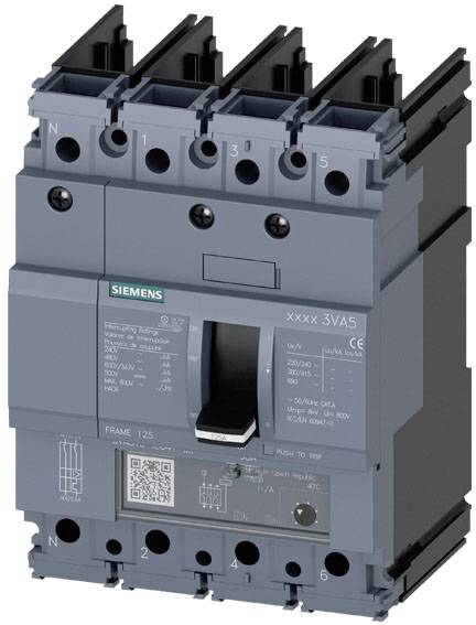 Un disjoncteur triphasé gris de Siemens, modèle '3VA5', avec différentes caractéristiques techniques et un code QR sur la façade.