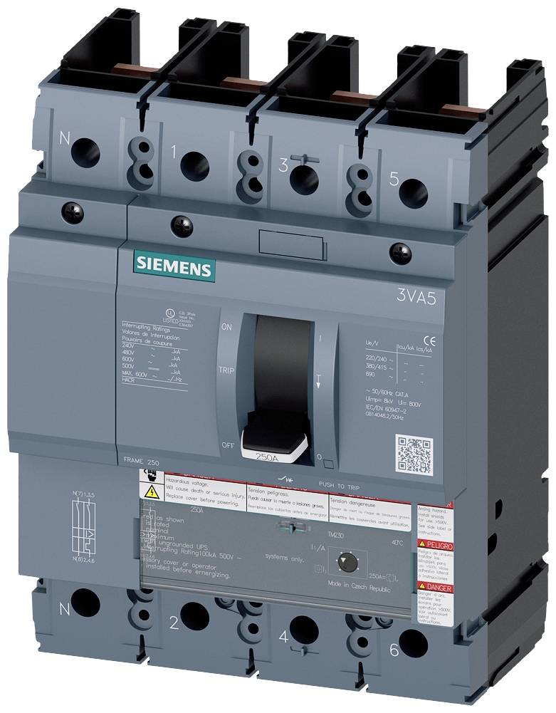 Un disjoncteur Siemens gris de type '3VA5' destiné au contrôle des circuits électriques, doté de plusieurs interrupteurs et connexions.