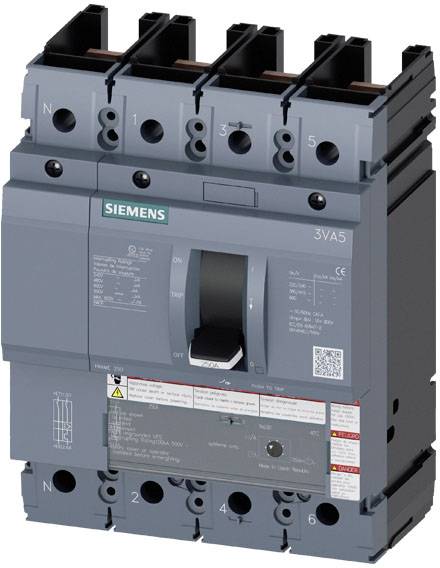 Disjoncteur Siemens, modèle 3VA5, présentant la poignée de mise en marche/arrêt et les détails techniques sur la façade avant. Quatre bornes de circuit en haut de l'appareil.