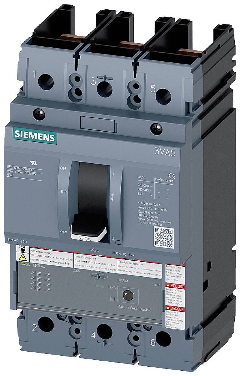 Un disjoncteur gris Siemens, modèle 3VA5, avec levier de fonction marche/arrêt et code QR sur la face avant.