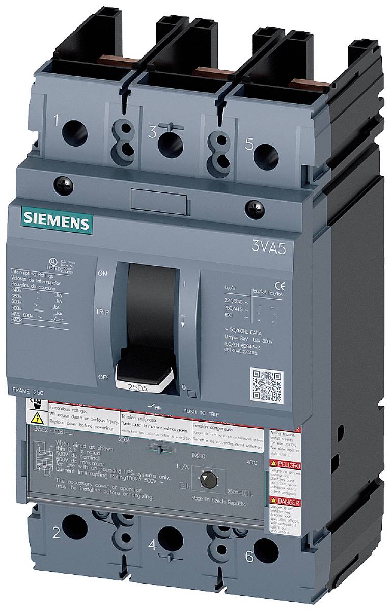 Un disjoncteur gris Siemens avec trois bornes en haut et un interrupteur au milieu. Modèle : 3VA5.