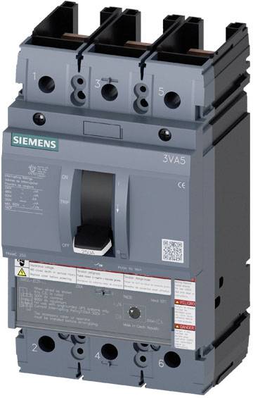 Disjoncteur en boîtier, cinq bornes en haut, cinq bornes en bas, levier au centre, logo Siemens en haut à gauche.