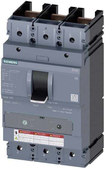 Un disjoncteur tripolaire Siemens, modèle 3VA55. Il est gris et dispose d'interrupteurs et de marquages techniques à l'avant.