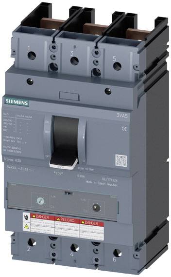 Un disjoncteur gris avec levier et étiquetage en anglais et en espagnol, de Siemens. Avertissements imprimés en bas.