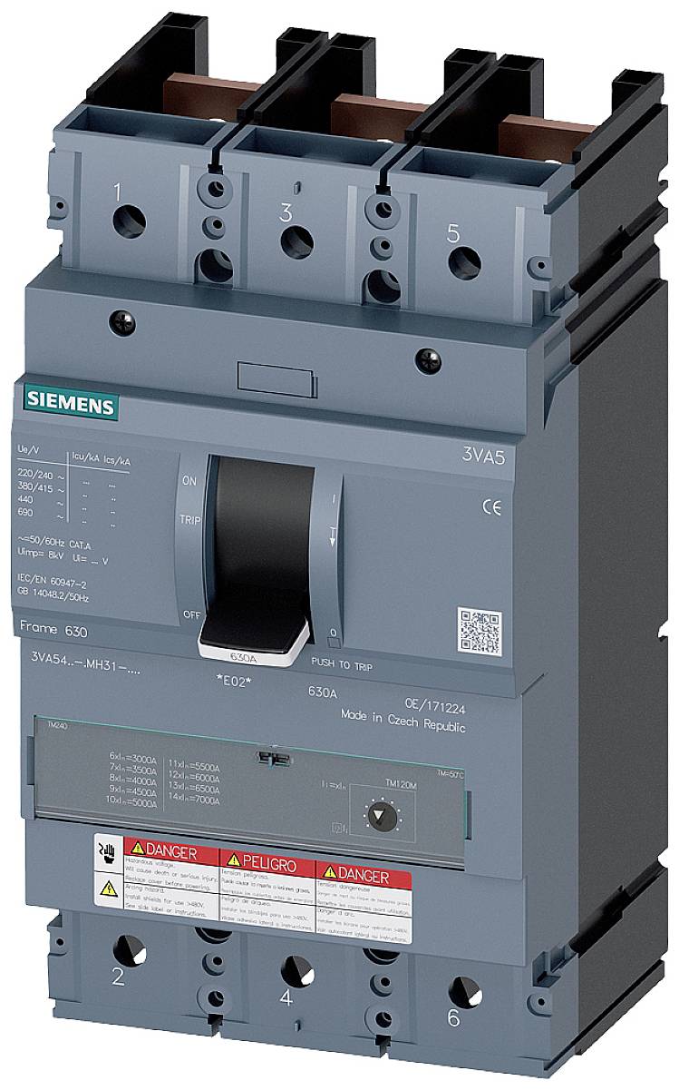 Disjoncteur avec levier noir, boîtier gris et logo Siemens, affichant des spécifications techniques et des avertissements.