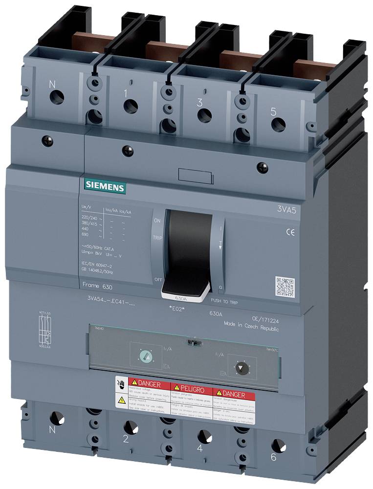 'Illustration d'un disjoncteur Siemens 3VA5 avec cinq bornes et détails techniques sur l'étiquette.'