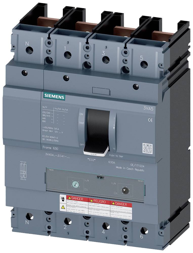 Disjoncteur de marque Siemens, modèle 3VA5, avec plusieurs interrupteurs et avertissements de sécurité, fabriqué en République tchèque.