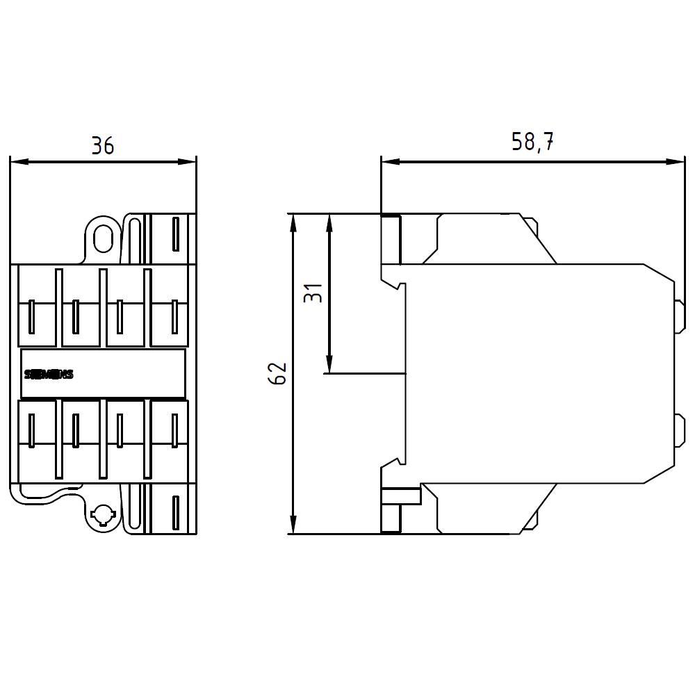 Dessin technique d'un relais avec dimensions : largeur 36 mm, hauteur 62 mm, profondeur 58,7 mm ; présente les vues latérale et frontale.
