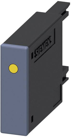 Un composant électronique rectangulaire gris avec un bouton jaune sur le devant. Vue latérale du composant.