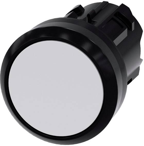 Un bouton-poussoir rond noir avec une grande surface plate blanche au centre ; souvent utilisé pour les circuits électriques.