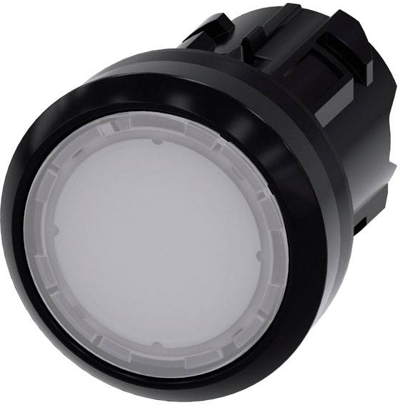Bouton-poussoir noir rond avec un point central blanc, utilisé dans les commandes électroniques.