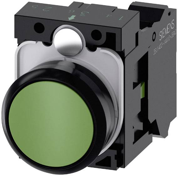Bouton-poussoir vert Siemens, adapté aux applications de commande. Robuste et adapté à l'usage industriel.