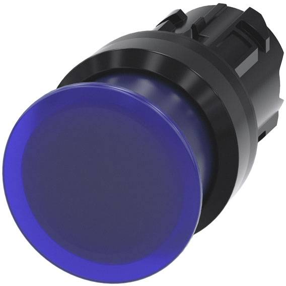 Un bouton-poussoir rond de couleur bleue avec un contour noir, fréquemment utilisé dans les appareils électroniques ou les commandes de machines.