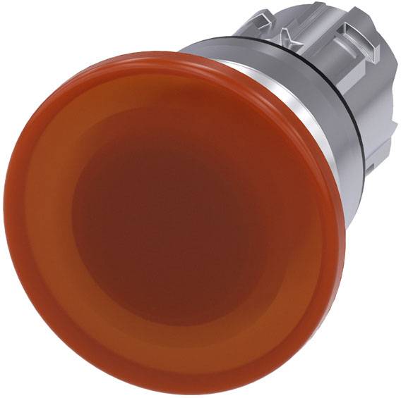 Bouton d'arrêt d'urgence, design rond, avec fixation argentée. Utilisé pour l'arrêt immédiat des machines en cas d'urgence.