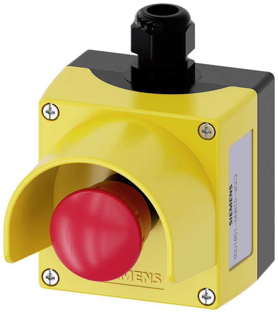 Un bouton d'arrêt d'urgence rouge dans un boîtier jaune, entouré d'un capot de protection, pour l'arrêt de sécurité en cas d'urgence.