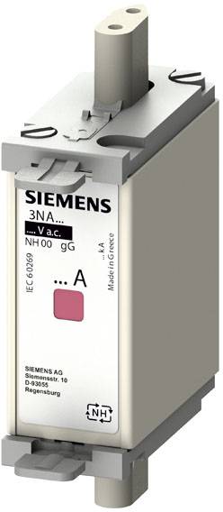 Un fusible industriel NH de Siemens, modèle 3NA NH00 gG, avec un marquage par point rouge, utilisé dans les installations électriques.