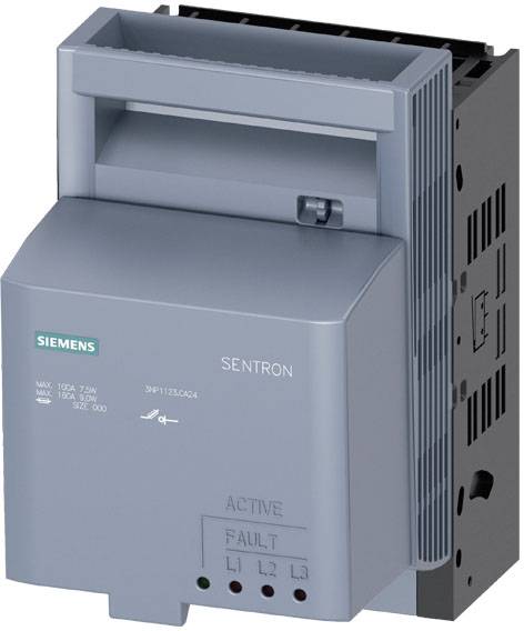 Un appareil électrique gris de Siemens, portant l'inscription 'SENTRON'. Des LED indiquent les états suivants : 'ACTIVE', 'FAULT', 'L1', 'L2', 'L3'.