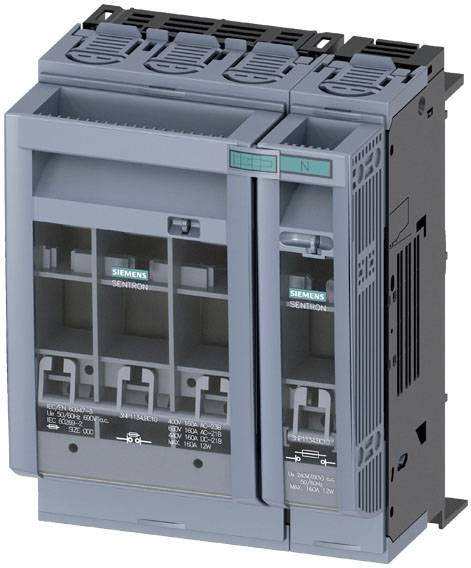 Appareil de commutation Siemens, triple, gris, avec plusieurs connexions, numéros de modèle imprimés, pour applications de tableaux électriques.