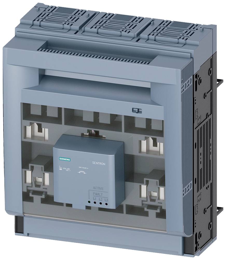 Un disjoncteur électrique bleu à plusieurs bornes et un interrupteur central. Marqué 'Siemens Sentron'.