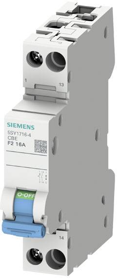 Un disjoncteur gris Siemens avec un interrupteur basculant bleu portant l'inscription 'ON-OFF' et portant la mention 'SSY1716-4 CBE F2 16A'.