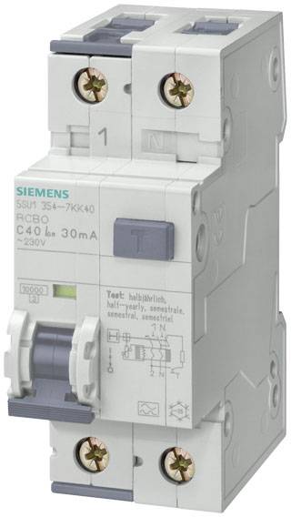 Disjoncteur différentiel-moteur Siemens, type RCBO, 2 pôles, calibre C40, tension nominale 230V, avec bouton de test et levier de commande.