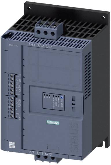 Un dispositif de commutation Siemens Sirius de couleur noir et bleu. Il présente des connexions et des voyants LED pour les fonctions de commande.