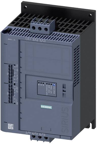 Un démarreur progressif Siemens SIRIUS bleu avec plusieurs connexions, adapté aux commandes de moteurs dans des applications industrielles.