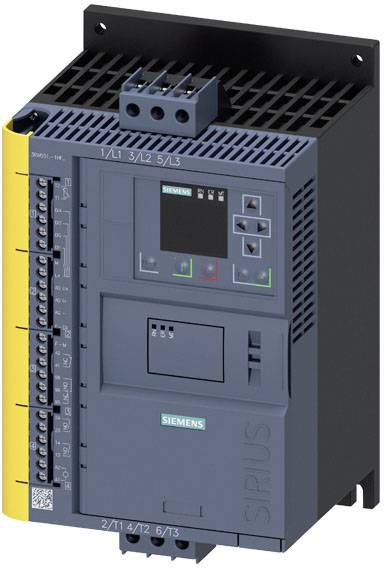 'Siemens Sirius' dispositif de protection industriel, vue de face. Comprend un affichage, des éléments de commande et des connexions pour circuits électriques.
