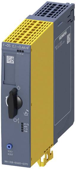 Un dispositif électronique jaune et bleu avec un interrupteur et l'inscription 'F-DS 0,1-0,4A HF', probablement une unité de protection.
