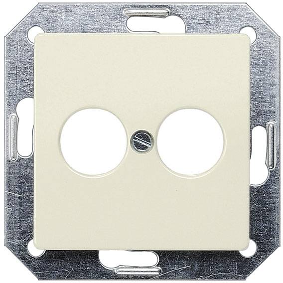 Plaque de prise électrique beige avec deux ouvertures rondes, montée sur un cadre support métallique.