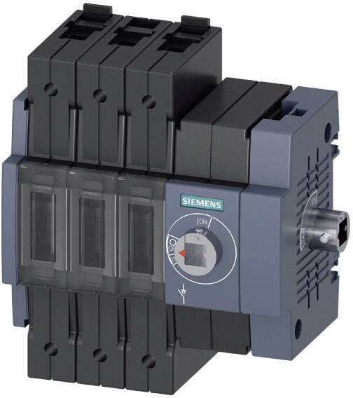 Un interrupteur-sectionneur Panasonic, gris, avec un levier latéral et une position 'ON' marquée. La marque Siemens est visible.